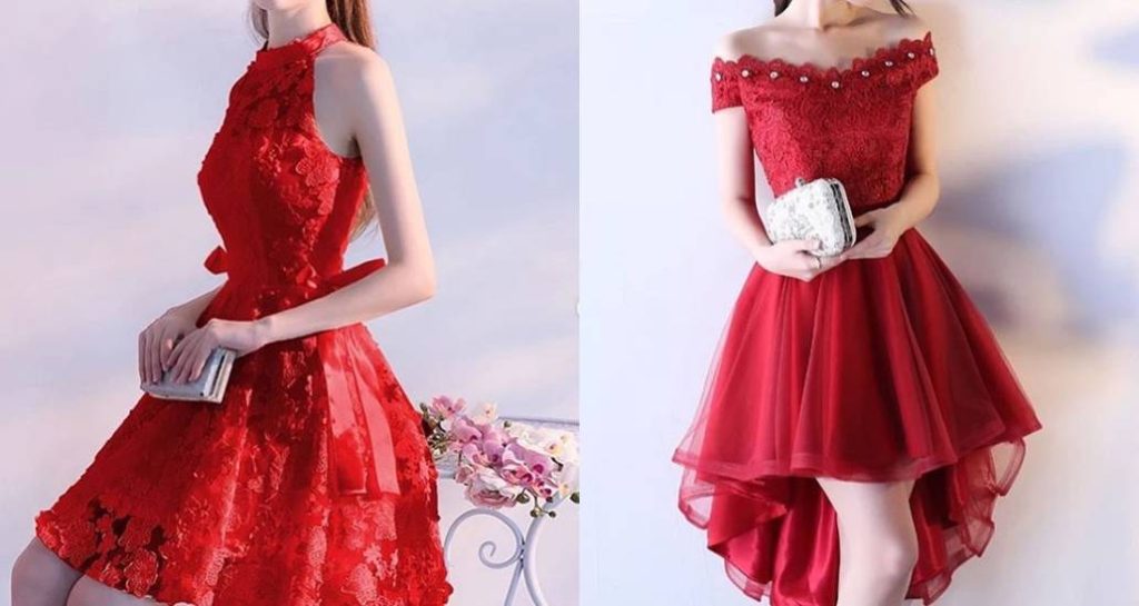 موديلات فساتين سهرة قصيرة باللون الأحمر